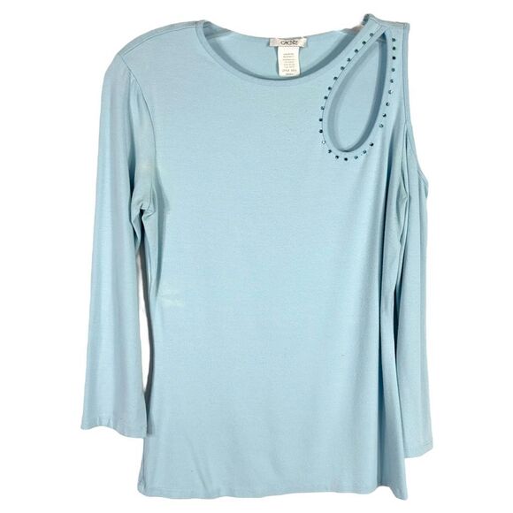 Cache Small Top Knit Light Baby Blue Rhinestones Cut Out‎ Cold Shoulder Y2K 1348 - Picture 1 of 10